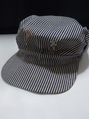 Vintage Made In USA Cotton Pinstriped Conductor Hat Cap WITH 2 PINS FITTED